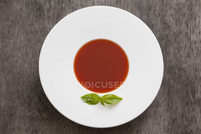 Gazpacho and tomato soup garnished with a basil leaves — Stock Photo