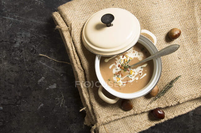 Cream of chestnut soup in a saucepan — Stock Photo