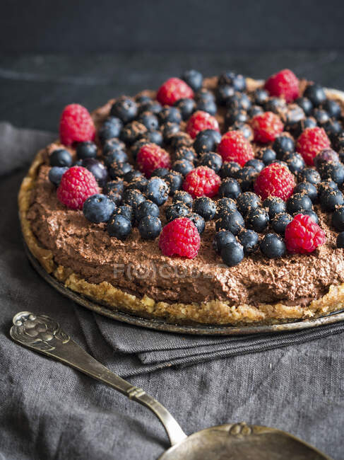 Сырой безглютеновый шоколадный пирог с ягодами — стоковое фото