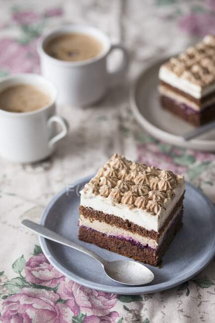 Cappuccino cake with chocolate sponge, coffee and vanilla frosting — Stock Photo