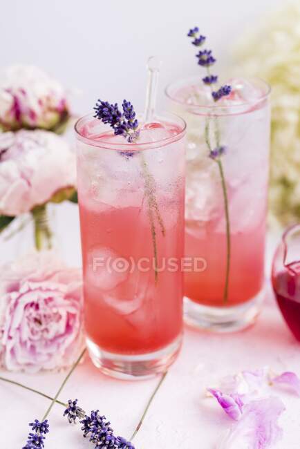 Gin Tonic com xarope de amora e flores de lavanda — Fotografia de Stock