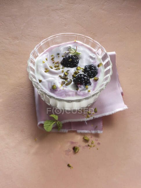 Yogurt with blackberries and pistachios — Stock Photo