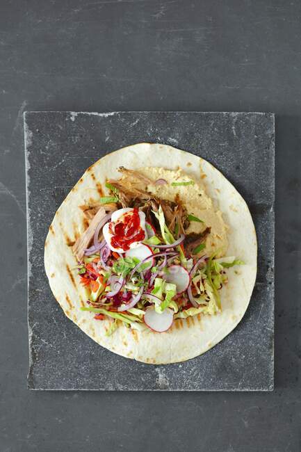 Tortilla wrap with pulled pork, hummus and cole slaw — Stock Photo