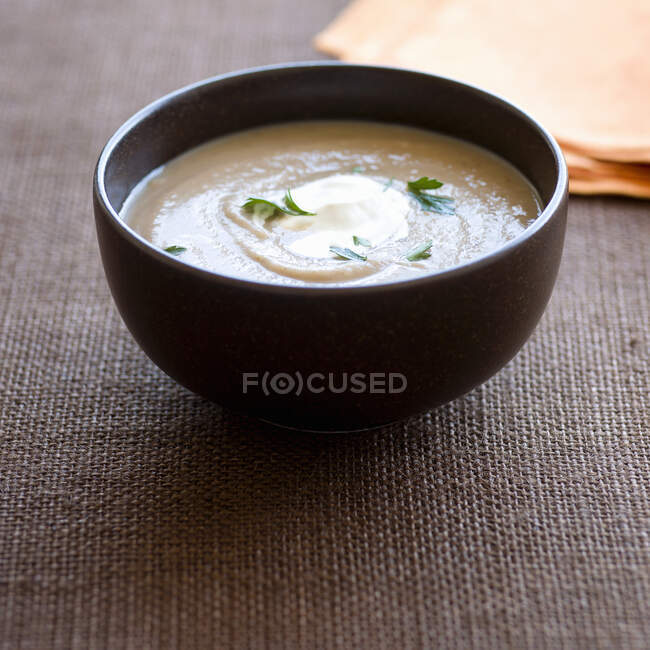 Chestnut soup with creme frache — Stock Photo