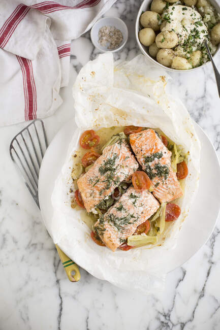 Baked salmon with fennel and tomatoes, top view — Stock Photo