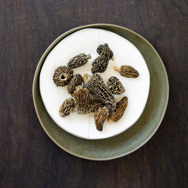 Morcheln auf weißem Teller — Stockfoto