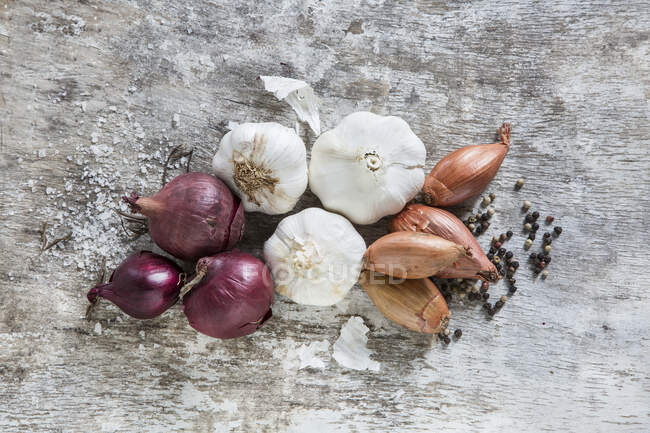 Sea salt, pepper, onions and garlic — Stock Photo