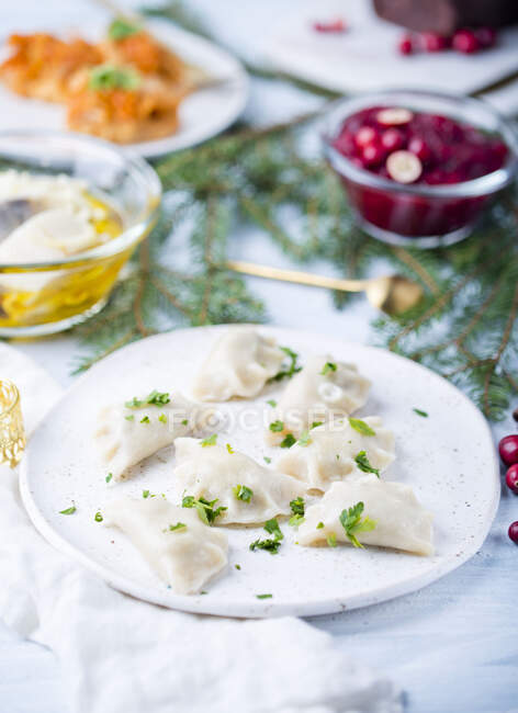 Dumplings with cheese and potatoes for Christmas — Stock Photo