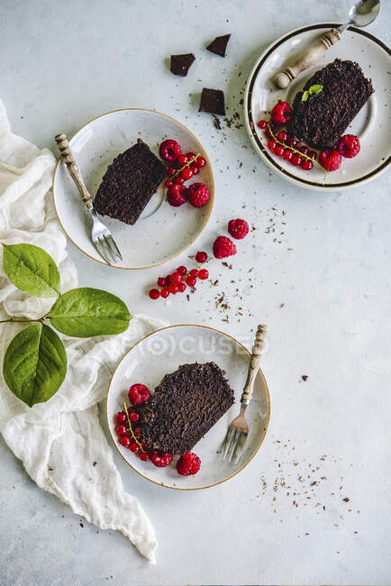 Chocolate cake with fresh currants and raspberries — Stock Photo