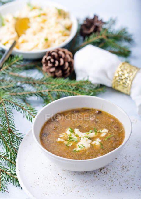 Mushrooms soup for Christmas — Stock Photo