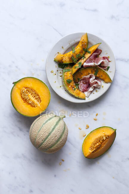 Melon with Jambon de Bayonne — Stock Photo