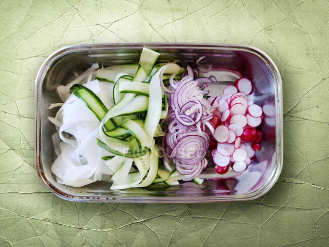 Fresh vegetables salad with cabbage, onion, and chopped onions. — Stock Photo