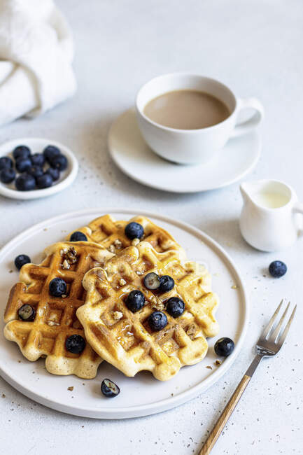 Belgian waffles, healthy breakfast with coffee — Stock Photo