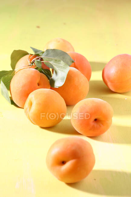 Frische Aprikosen mit grünen Blättern auf gelber Oberfläche im Sonnenlicht — Stockfoto