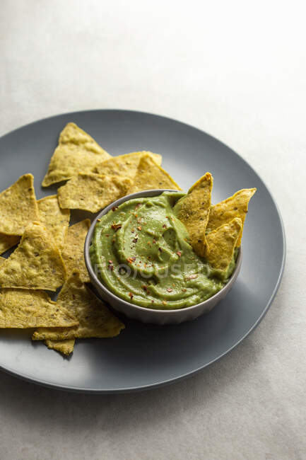 Mexican nachos with guacamole sauce and salsa — Stock Photo