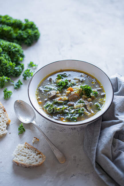 Mushroom and pearl barley broth with kale leaves — Stock Photo