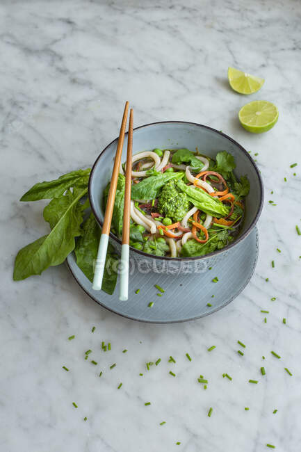 Udon noodles bowl with wild garlic pesto, spinach and peas — Stock Photo
