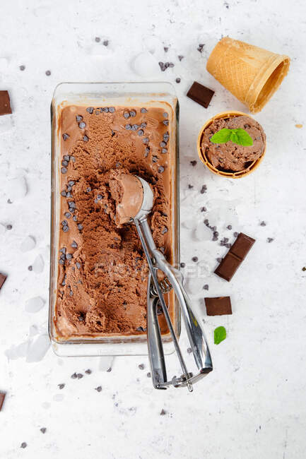 Homemade chocolate ice cream in a tray — Stock Photo