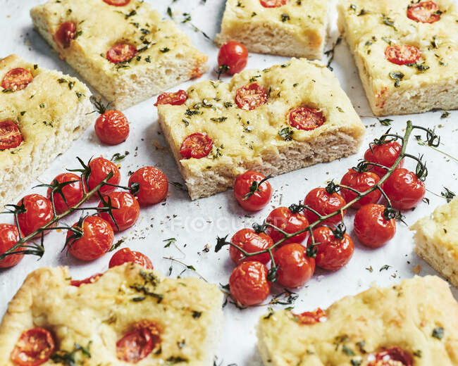 Italian Focaccia with roasted tomatoes on vines — Stock Photo
