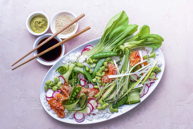 Sashimi prato de salmão com arroz de sushi pegajoso, feijão edame, bok choi, fatias de rabanete, fatias de pepino e cebolinha — Fotografia de Stock