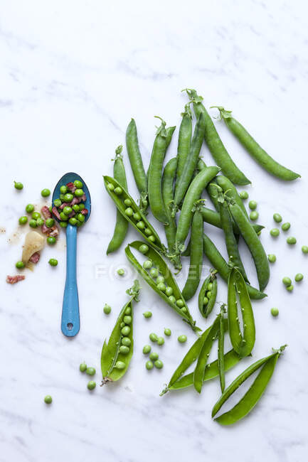 Green peas with diced bacon and pea pods — Stock Photo
