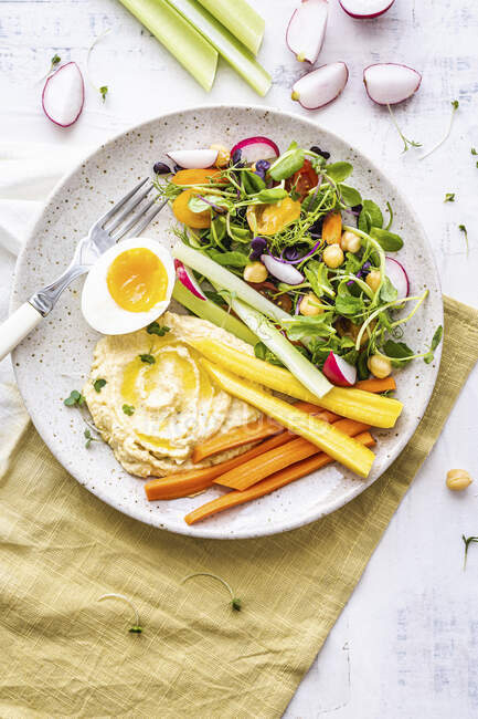 Salada de ervilhas com legumes, ovo cozido e húmus — Fotografia de Stock