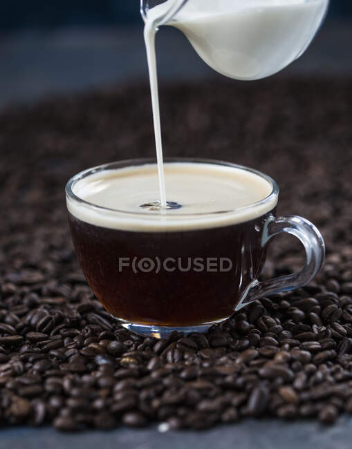 Café y leche en granos de café - foto de stock