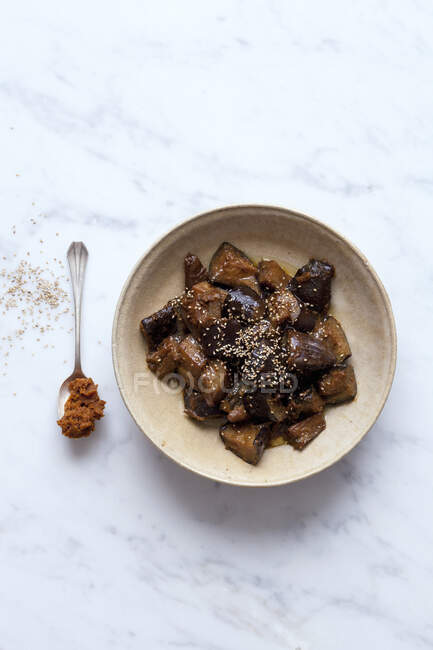 Fried eggplant with miso — Stock Photo