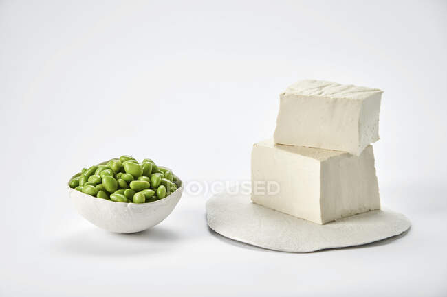 Soja fresca e tofu — Fotografia de Stock