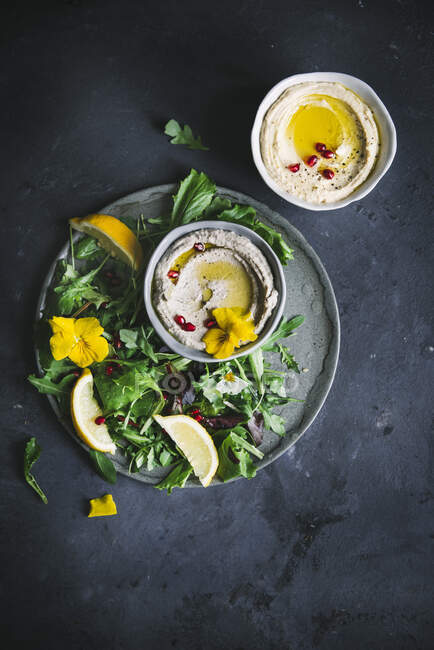Babaganoush e Hummus com salada de folhas verdes — Fotografia de Stock