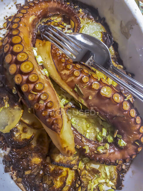 Baked octopus with potatoes — Stock Photo