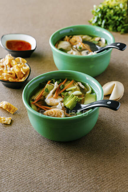 Китайский суп Вонтон в двух мисках — стоковое фото