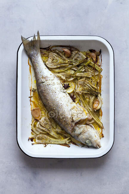 Baked sea bass with fennel — Stock Photo