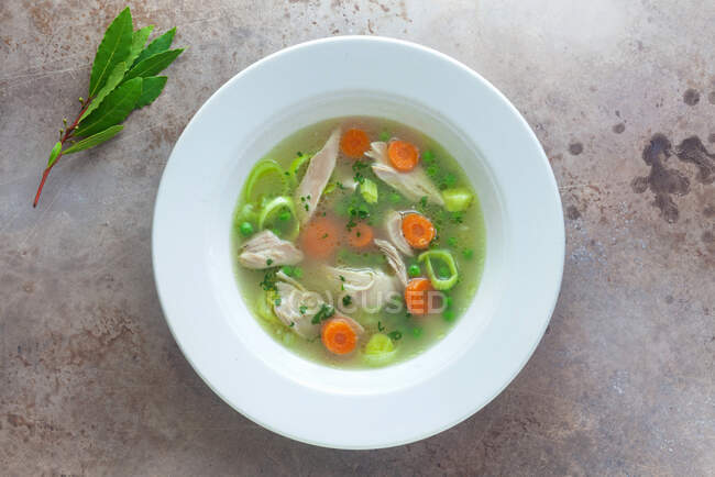 Un plato de sopa de pollo con verduras - foto de stock