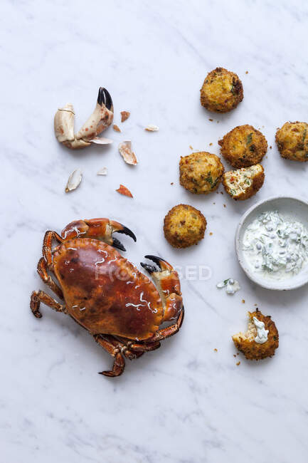 Krabbenkuchen, Joghurt-Dip und Krabben — Stockfoto
