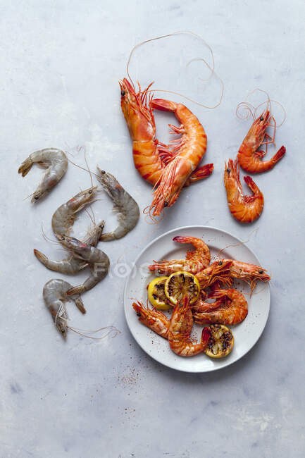 Grilled prawns with lemon — Stock Photo