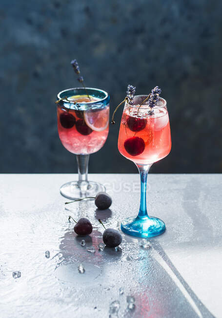 Bebidas alcohólicas en vasos con cerezas y espumas secas de lavanda - foto de stock