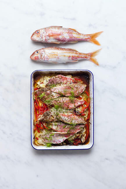 Oven cooked red mullet with red bell pepper — Stock Photo