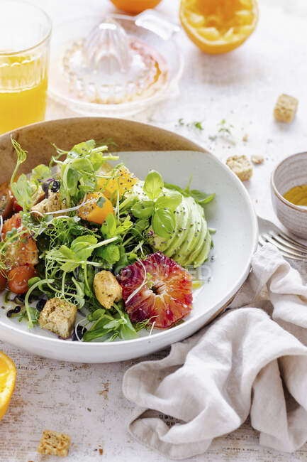 Frühlingssalat mit Avocado, Huhn und Orangen — Stockfoto