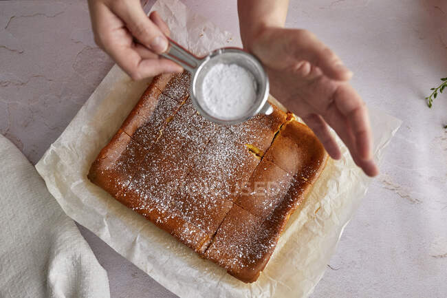 Baked cheesecake, keto and gluten free, with sprinkled powdered erythritol — Stock Photo