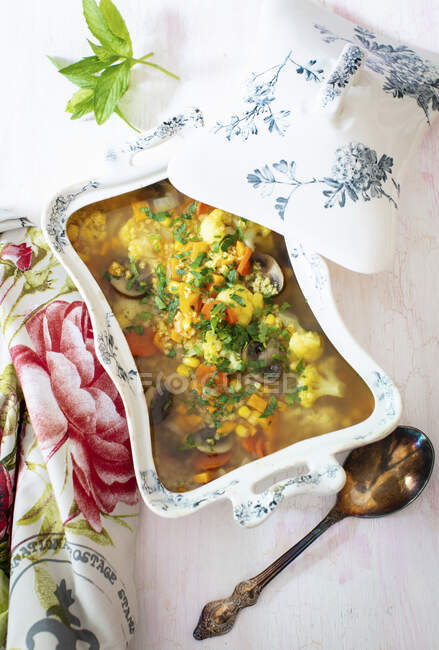 Vegetable soup in tureen — Stock Photo