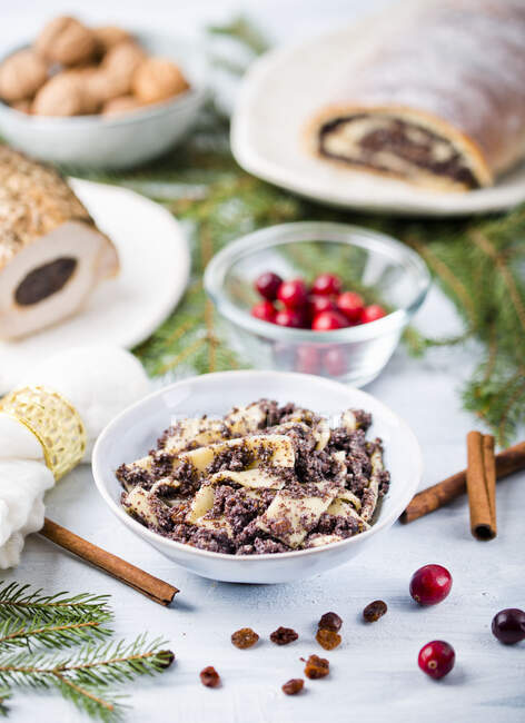 Kluski z makiem - Piatto di Natale con semi di papavero e tagliatelle polacchi — Foto stock