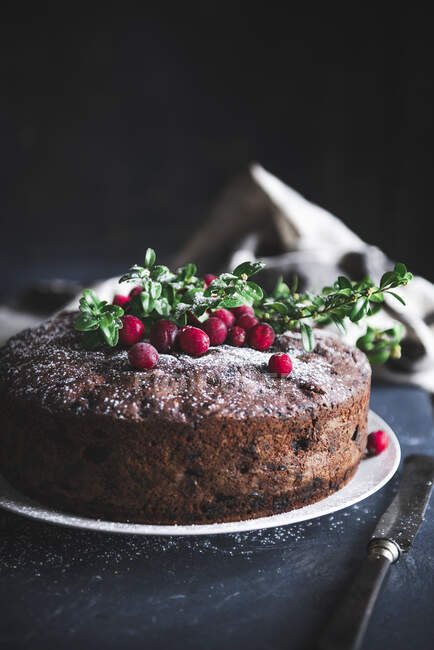 British Christmas fruitcake on dark background — Stock Photo