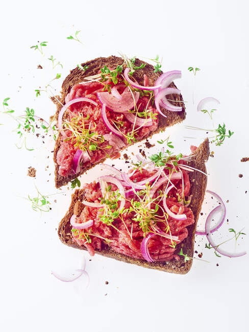 Scheibe Brot mit Schweinefleisch und roten Zwiebeln — Stockfoto
