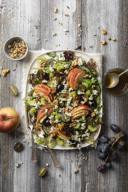 Apple salad with grapes, gorgonzola, celery sticks, walnuts and mustard dressing — Stock Photo
