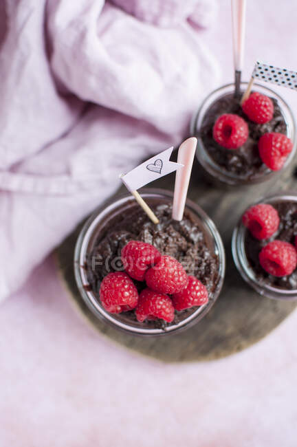 Гречаний шоколадний пудинг з малиновими скляними банками — стокове фото