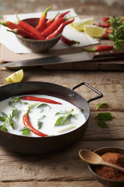 Coconut milk with chillies and Asian herbs — Stock Photo