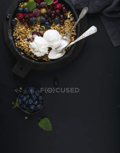 Здоровий вівсяний гранола розсипається зі свіжими ягодами, насінням, морозивом і листям м'яти — стокове фото