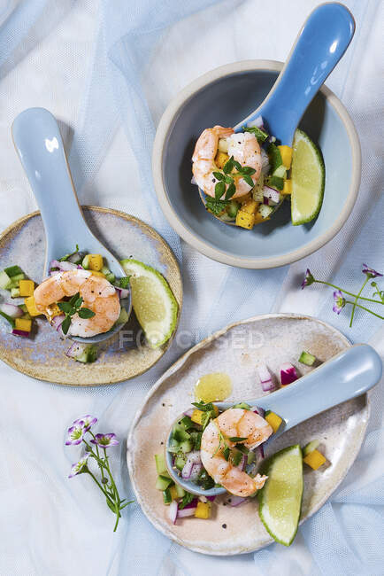 Shrimp and cucumber canapes on ceramic spoons — Stock Photo