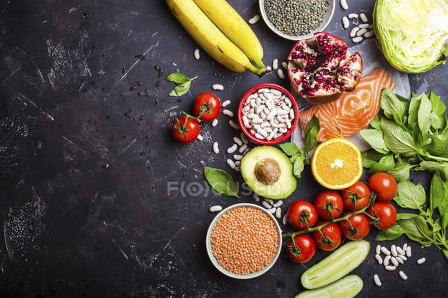 Vista superior de la dieta saludable ingredientes alimentarios - foto de stock